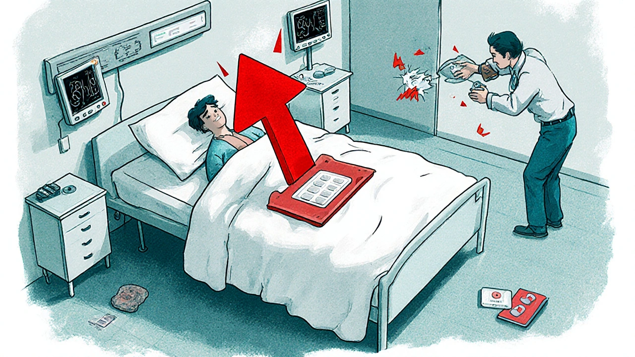A patient on a hospital bed under a warming blanket, with medical monitors showing overdose signs and naloxone being administered.