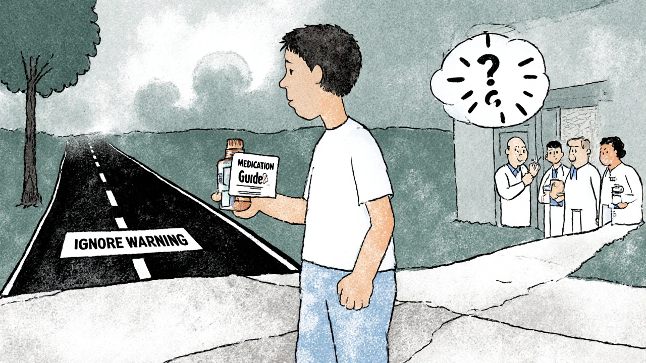 A patient stands at a crossroads between ignoring or heeding a drug warning, with time ticking down.
