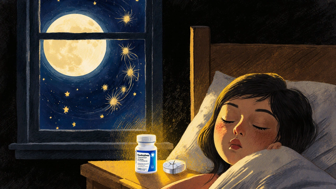A person sleeping peacefully with a glowing desloratadine pill repelling airborne allergens at night.