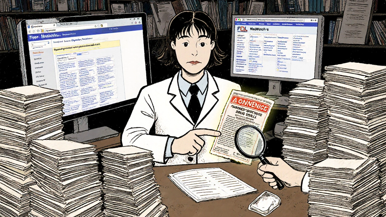 A pharmacist reviews drug safety updates on screens and paper files, searching for label changes.