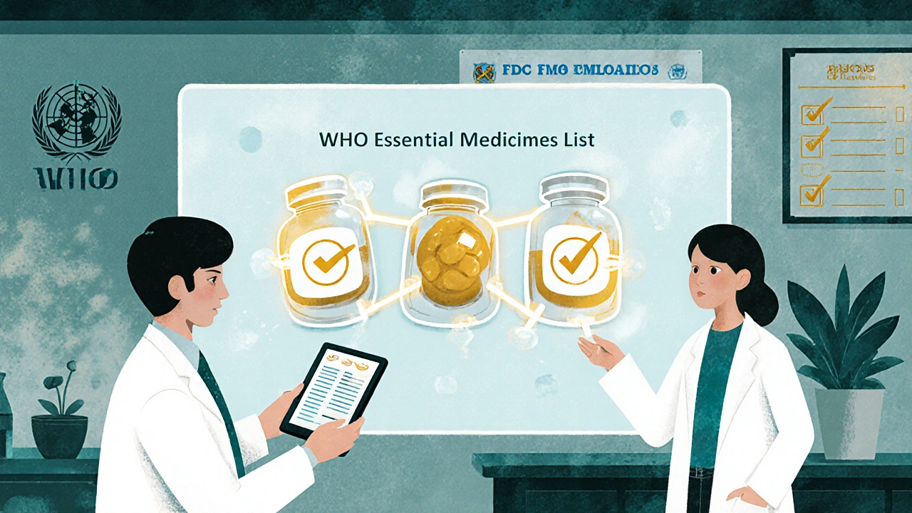 A scientist and patient reviewing a smart drug combo with AI holograms and WHO list in background.