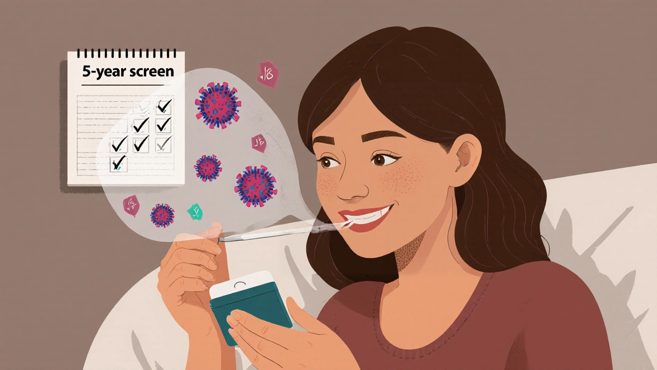 A woman collecting an HPV sample at home with virus detection visualized in translucent layers.