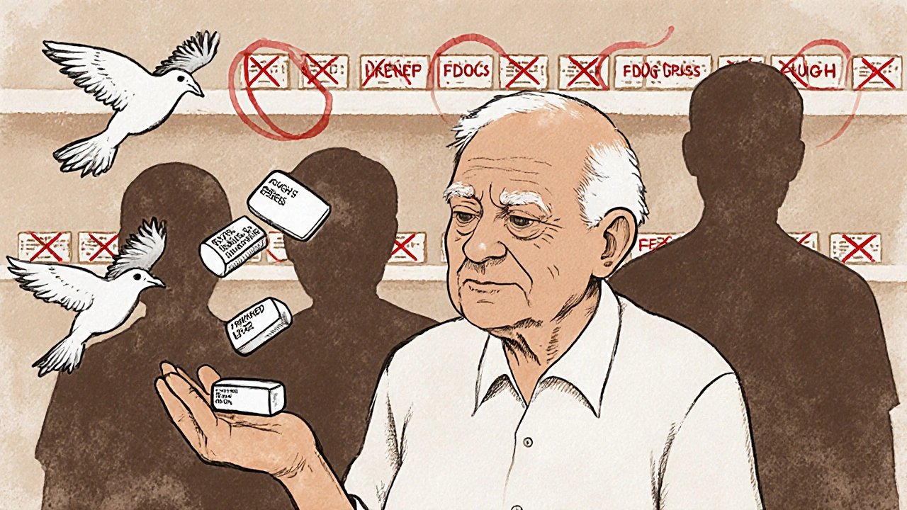 An elderly person holding a single pill as other pills fly away, with side effects in shadow.