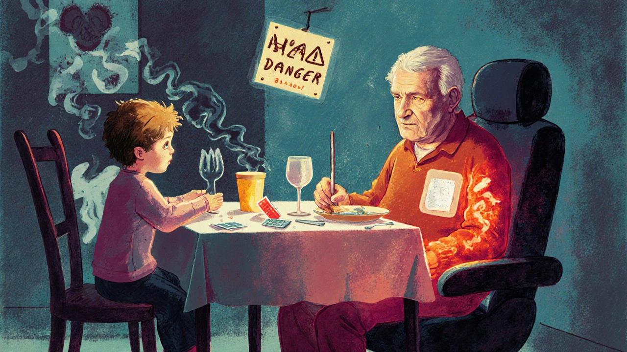 An elderly person seated on a heated car seat, with a child reaching for a discarded fentanyl patch nearby.