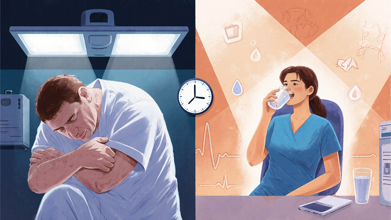 Before and after: a sick patient transforms into a calm, hydrated one after ondansetron treatment.