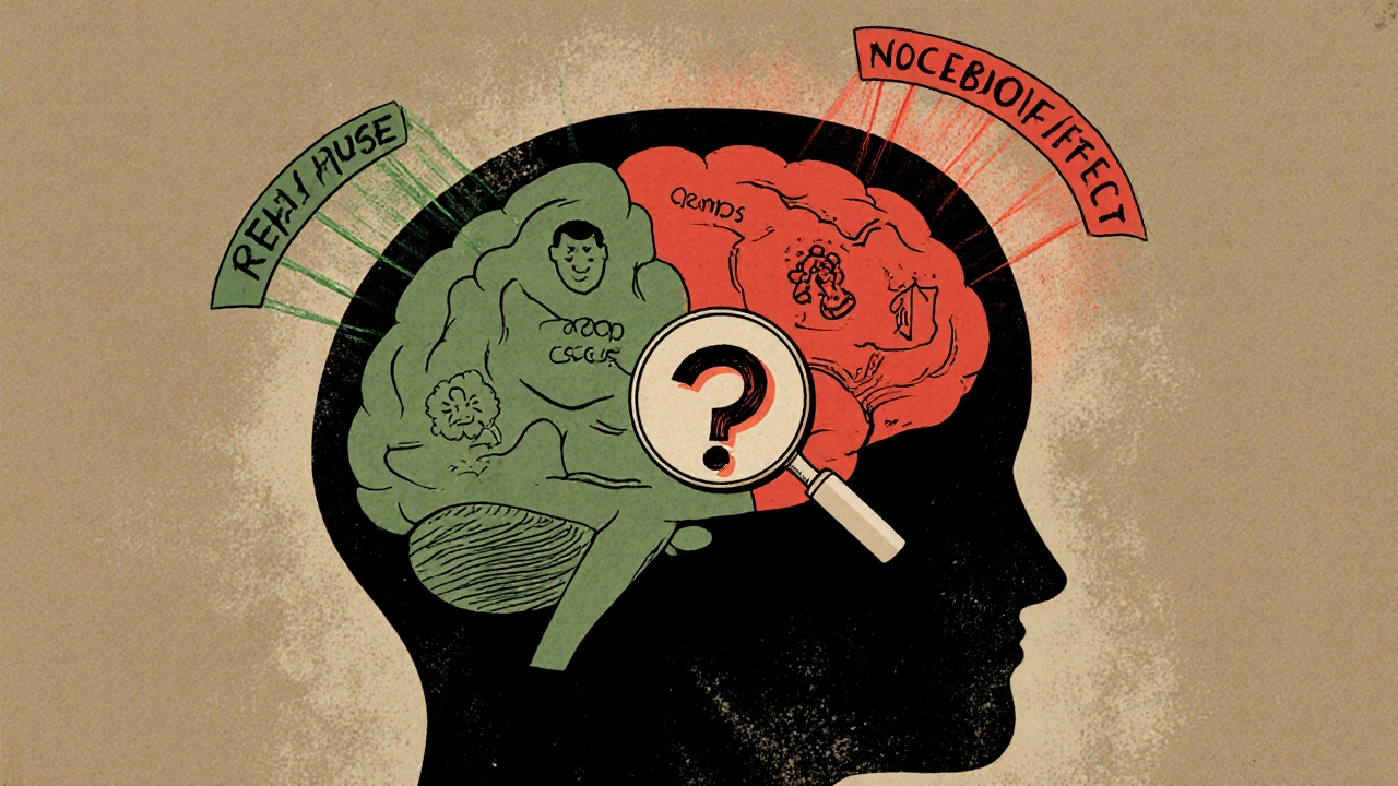 Brain with two pathways showing nocebo effect vs real causes of muscle pain.