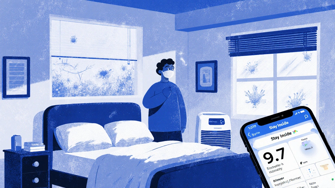 Cozy bedroom with HEPA filter, sealed windows, and allergen-proof bedding.