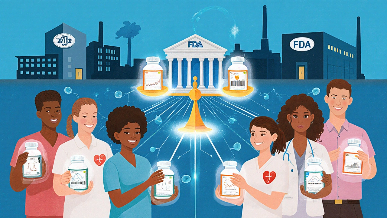 Diverse patients with identical drug pathways in their bodies, connected to an FDA building with factories from two countries marked as equally inspected.