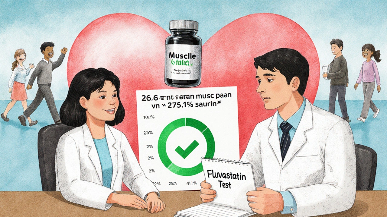 Doctor and patient reviewing statin pain stats with fluvastatin pill floating above with green checkmark.