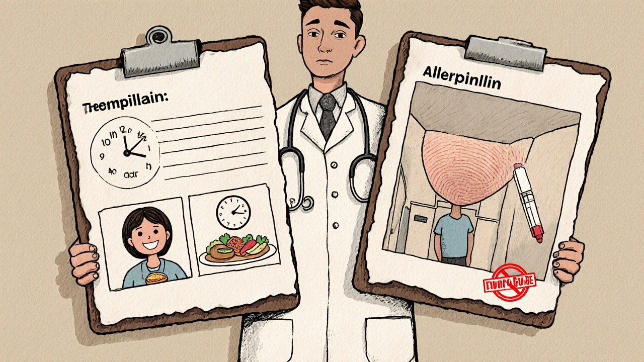 Doctor comparing two patient files: one with side effect, one with allergic reaction