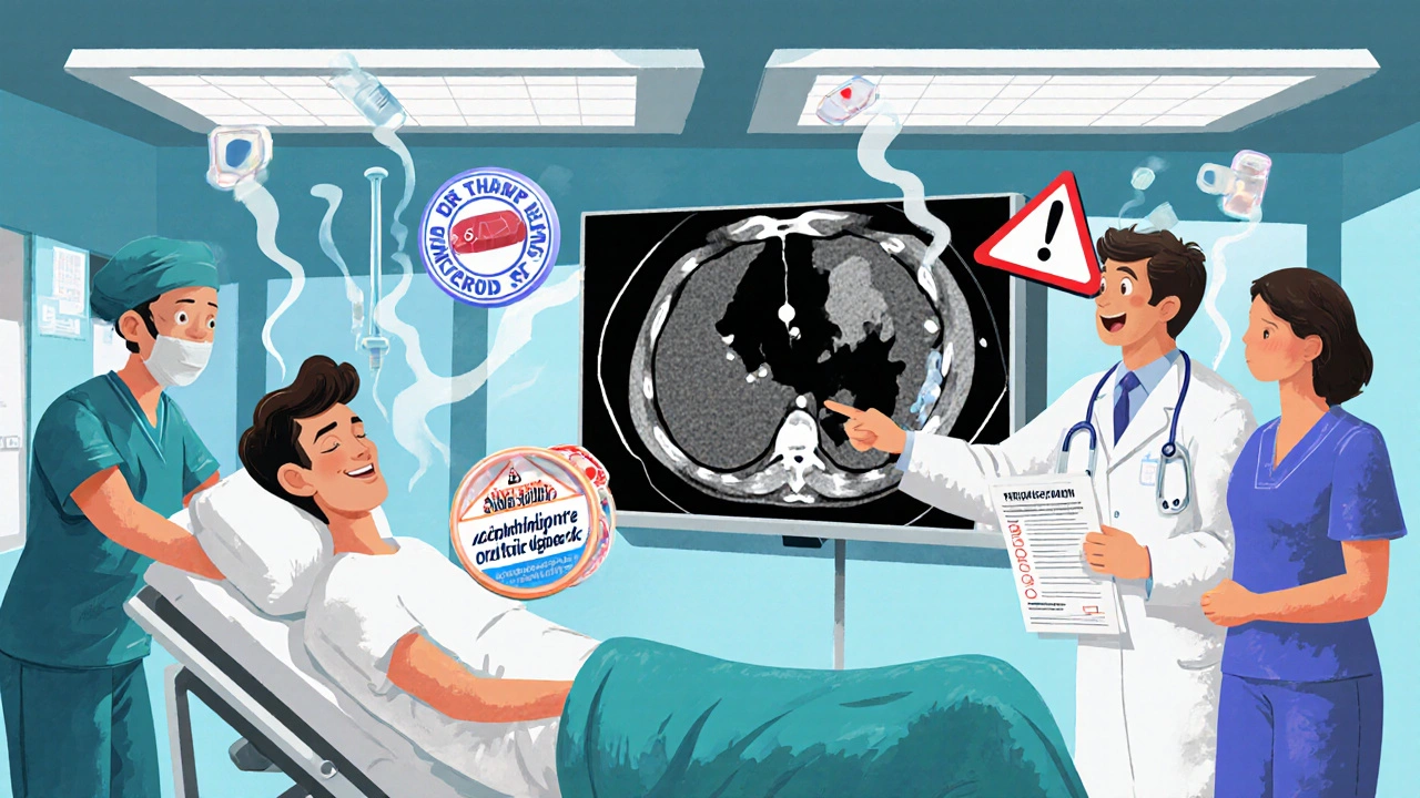 Doctor pointing at CT scan showing pancreatic necrosis, IV fluids, and high-risk medication icons in ER.