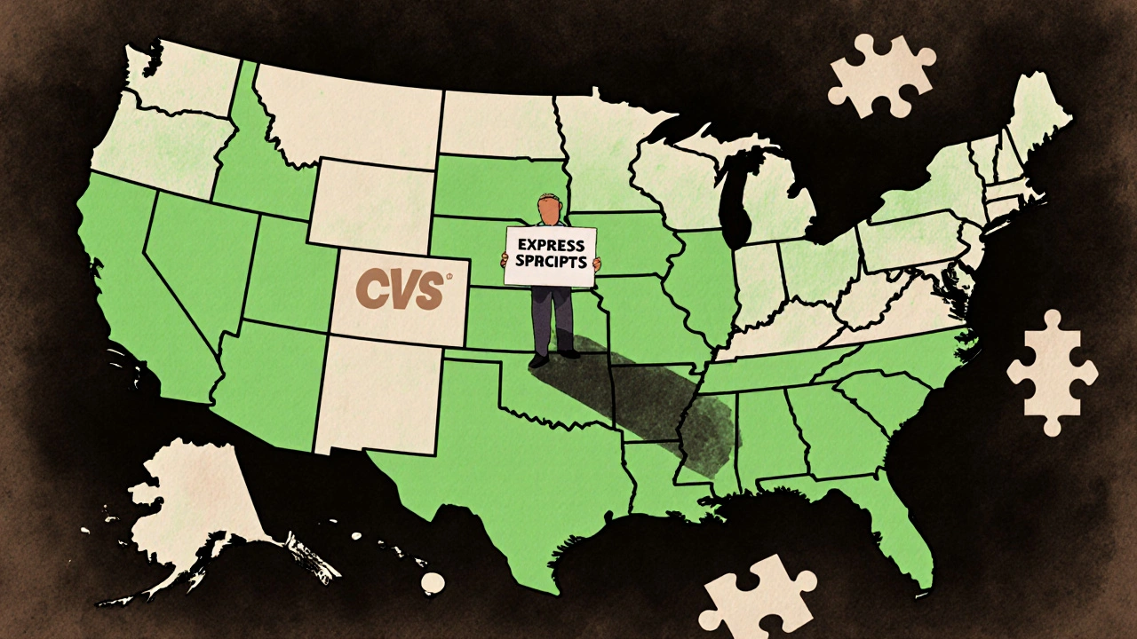 Map of U.S. states with reform laws glowing, overshadowed by PBM corporate shadows.