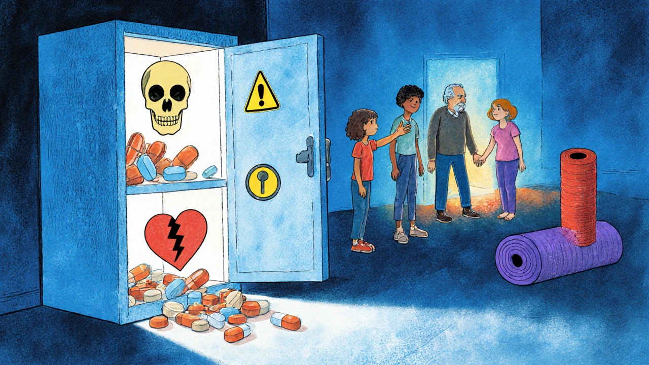 Medicine cabinet spilling opioid pills that turn into warning signs, family reaching for them, safer alternatives glowing nearby.