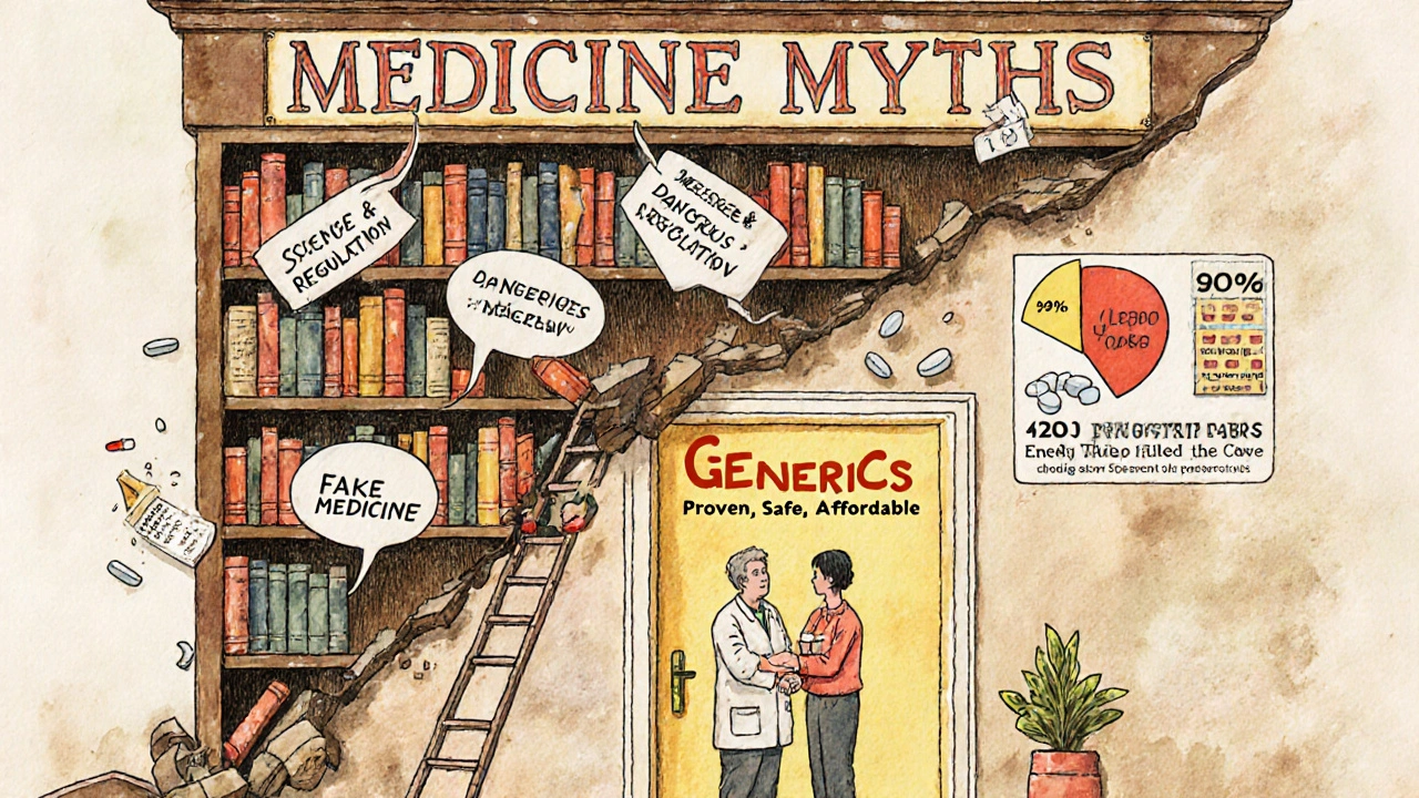 Myths collapsing as a ladder of science leads to a door labeled &#039;Generics: Proven, Safe, Affordable&#039;, with a pharmacist and patient shaking hands.