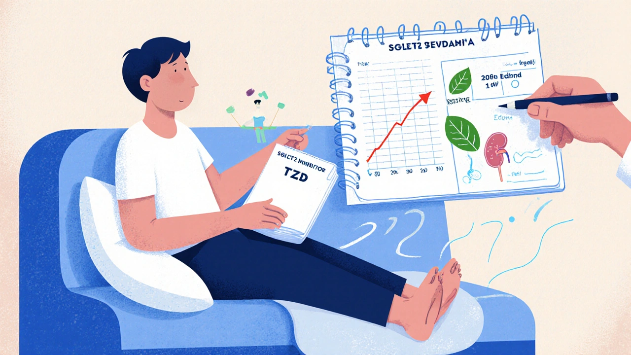 Patient elevating legs on pillow, checking daily weight log while doctor points to medical chart.