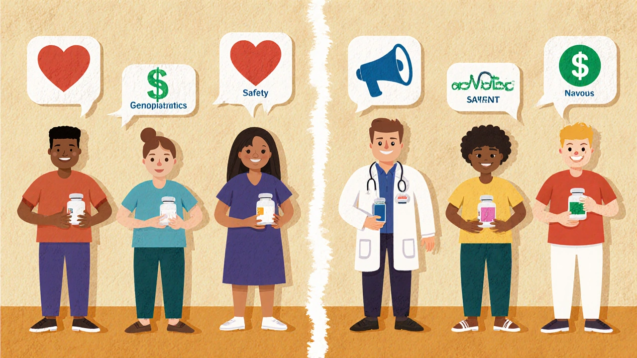 Patients divided between two paths—silent substitution vs. explained exchange—with icons for safety, savings, and voice floating above.