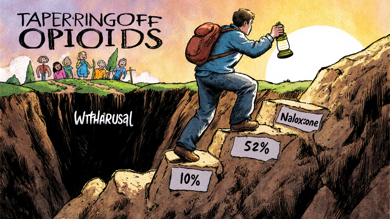 Person climbing tapering hill with naloxone lantern, dark withdrawal pit behind, hopeful horizon ahead.