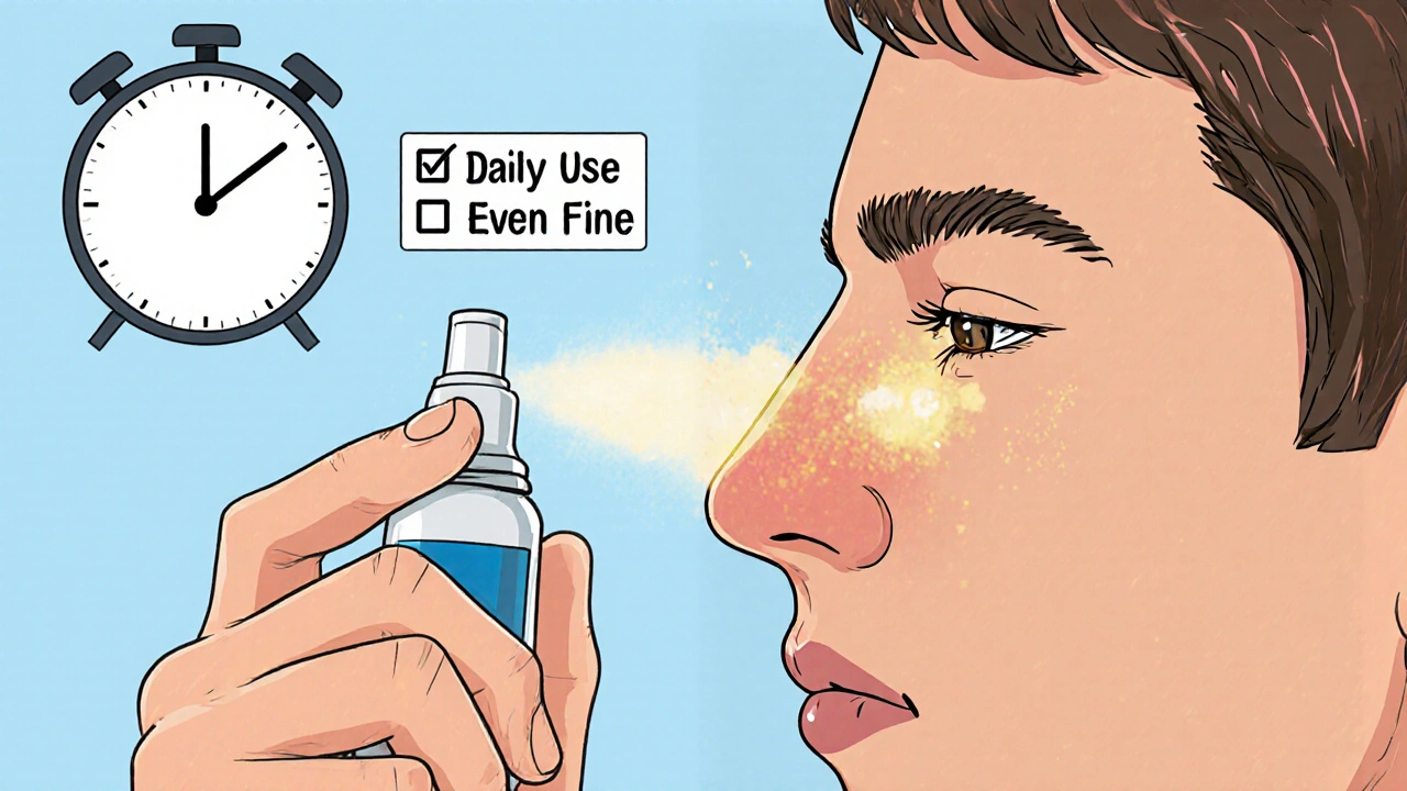 Person correctly using nasal spray with golden light showing medicine dispersion.