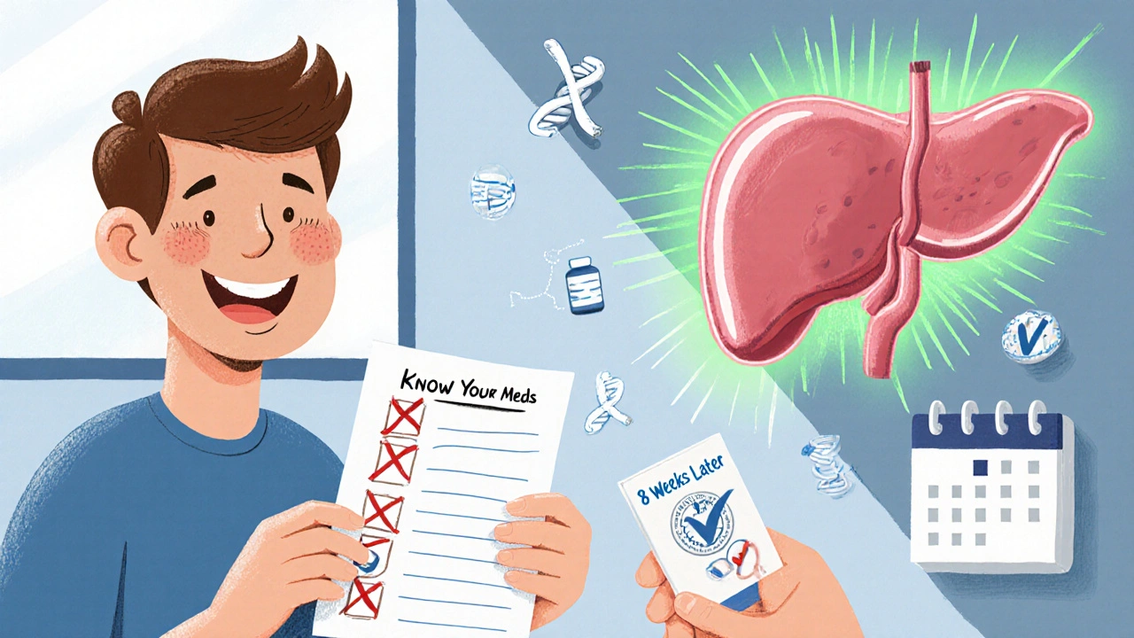 Person smiling with healed pancreas and new safe meds, pharmacist handing pamphlet, sunlight streaming in.