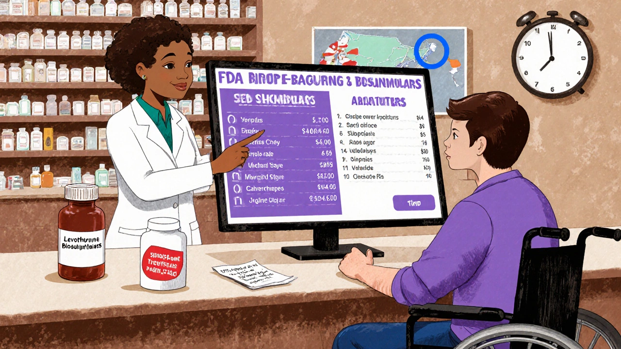 Pharmacist explaining biosimilar medication to a patient, with a &#039;Do Not Substitute&#039; label and state map highlighting restricted areas.