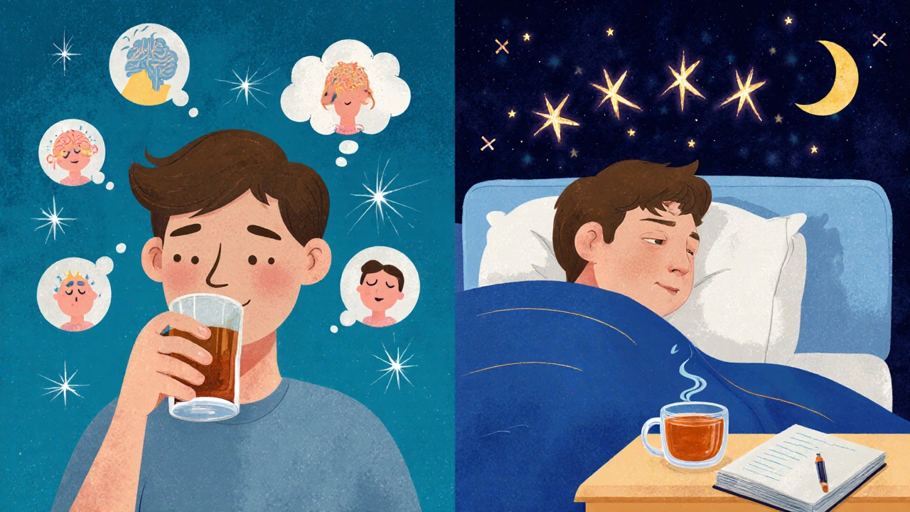 Split scene: one side shows impaired cognition after drinking, the other shows peaceful sleep with tea and journal, no alcohol.