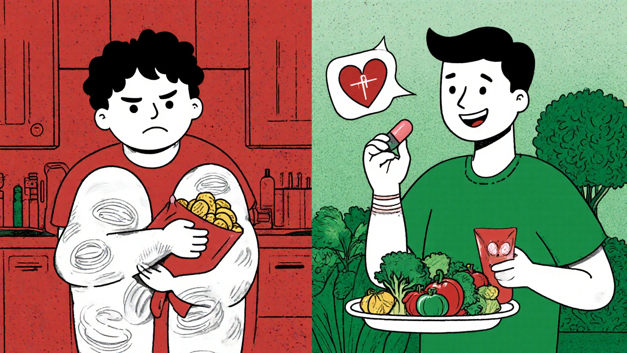 Split scene: person with unhealthy snack vs healthy lifestyle, showing contrast in managing TZD side effects.