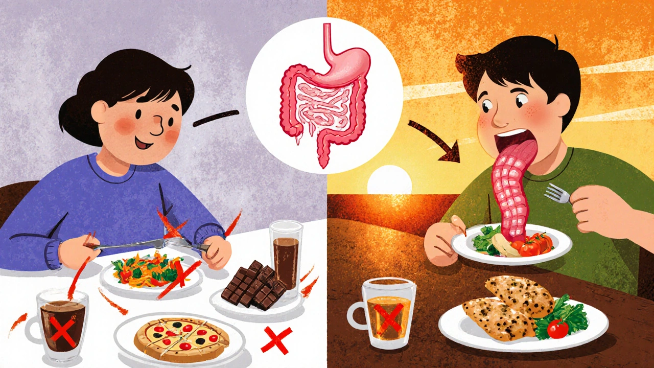 Split scene: unhealthy foods with X marks vs healthy meal leading to healthy esophagus