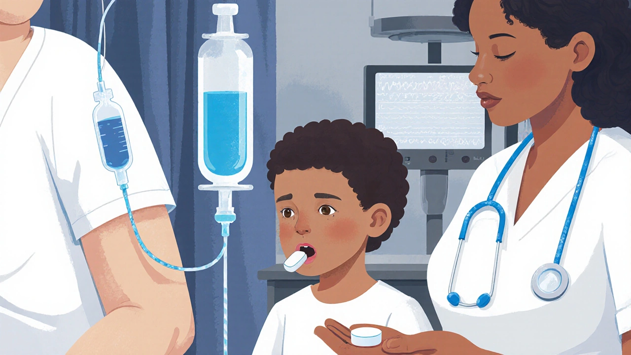 Three ways ondansetron is given in the ER: IV, dissolving tablet, and tablet on palm.