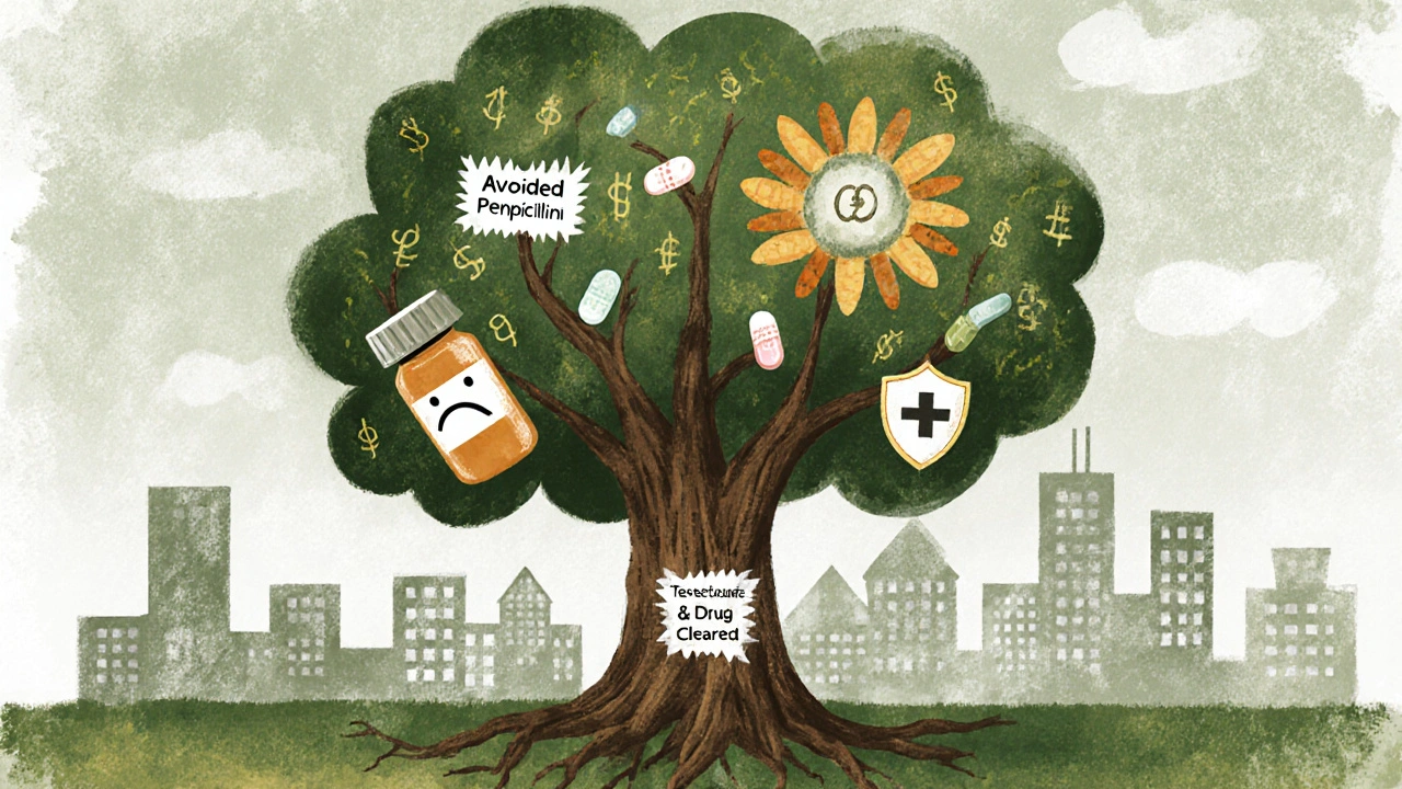 Tree with medical treatment branches, one cut off, one thriving with health symbols