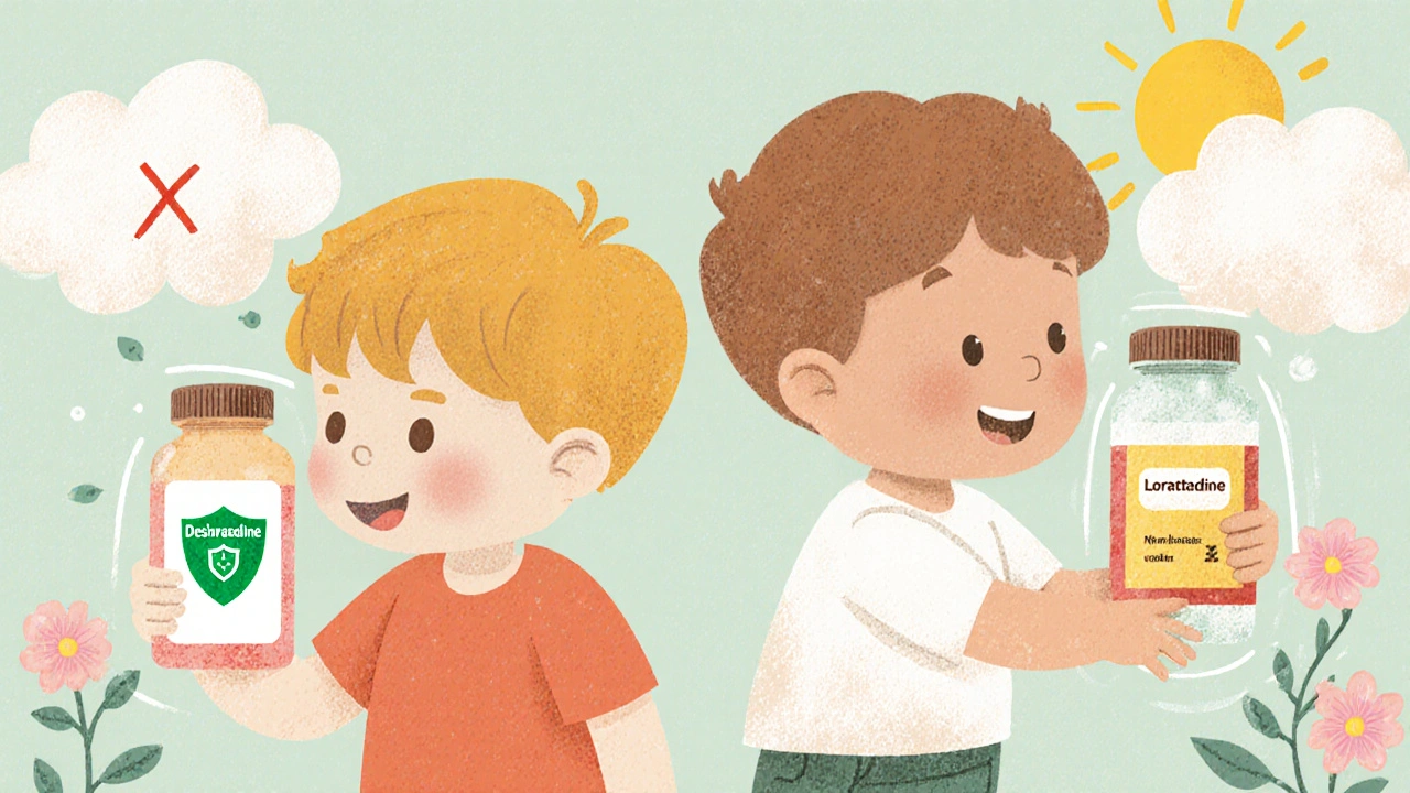 Two children with pill bottles; one younger child’s bottle glows as it blocks pollen clouds.