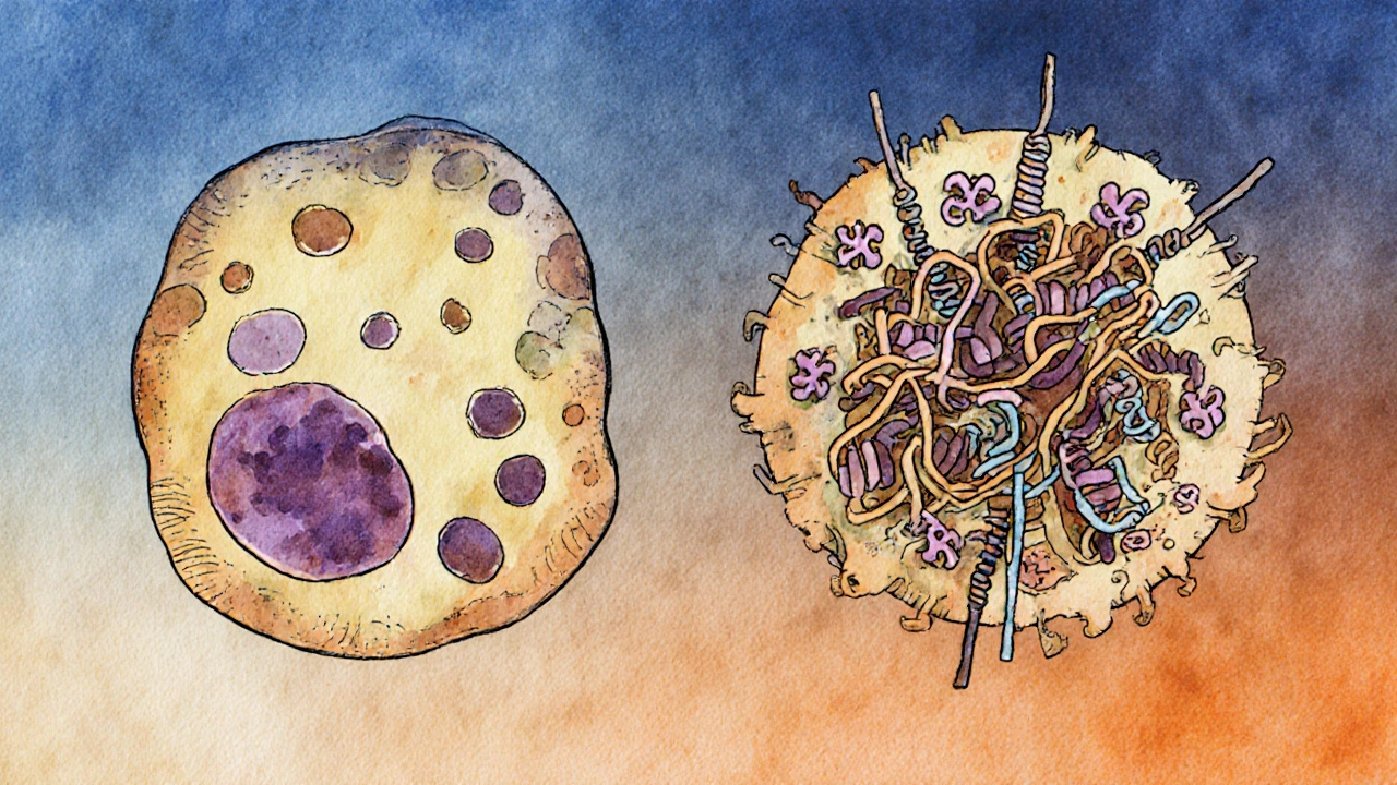 Two visual pathways of cell death: controlled shutdown versus chaotic division failure.