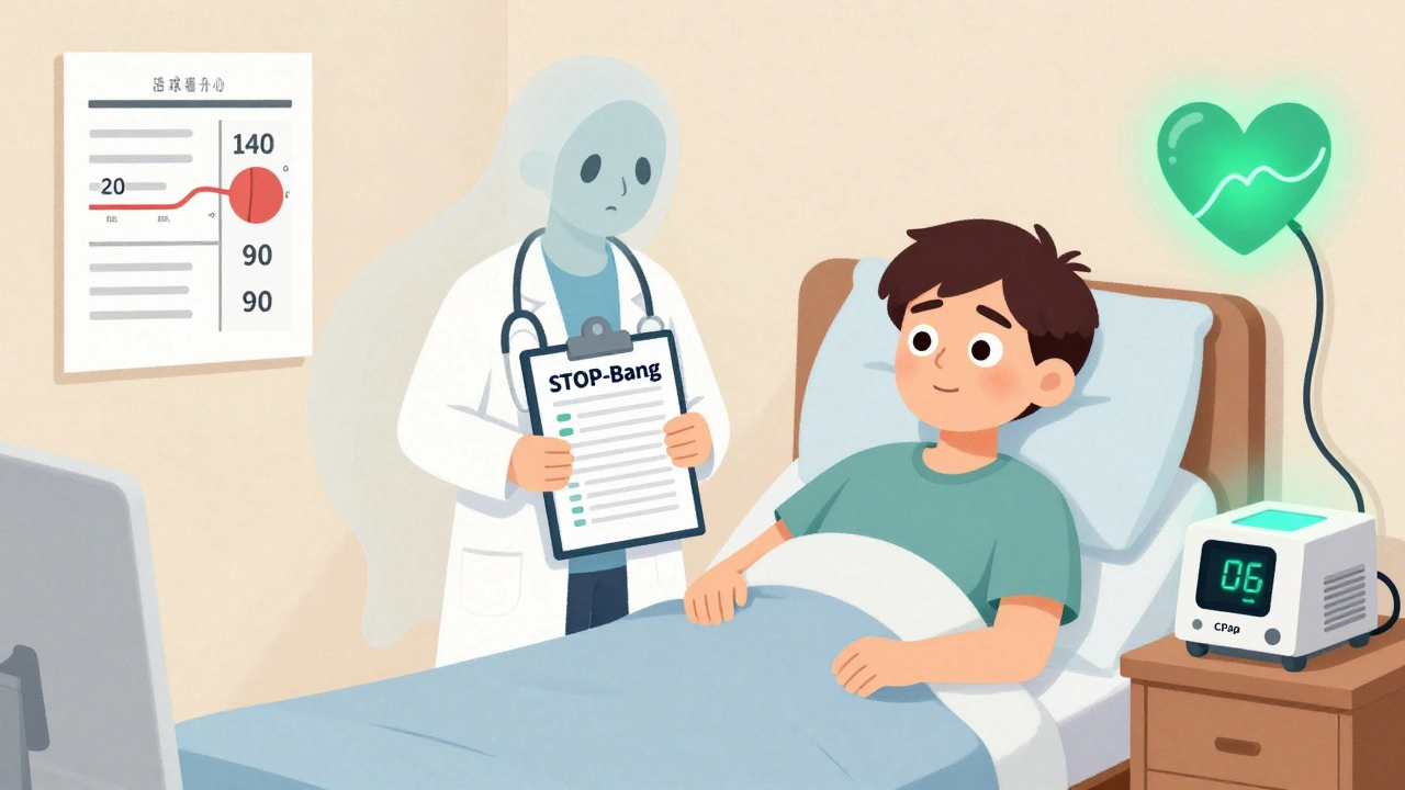 A cardiologist with a sleep questionnaire beside a tired young adult, CPAP machine glowing softly on the nightstand.