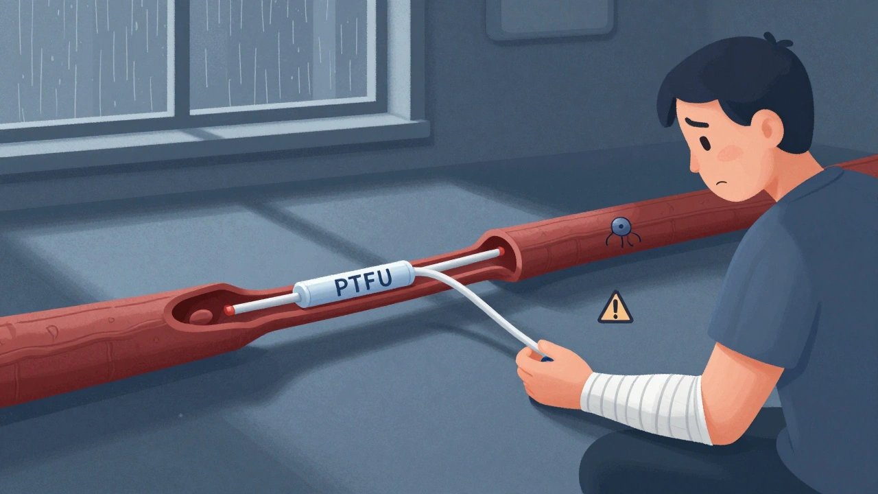 A cartoon-style AV graft with synthetic tubing, clot icons, and a worried patient under rainy hospital light.