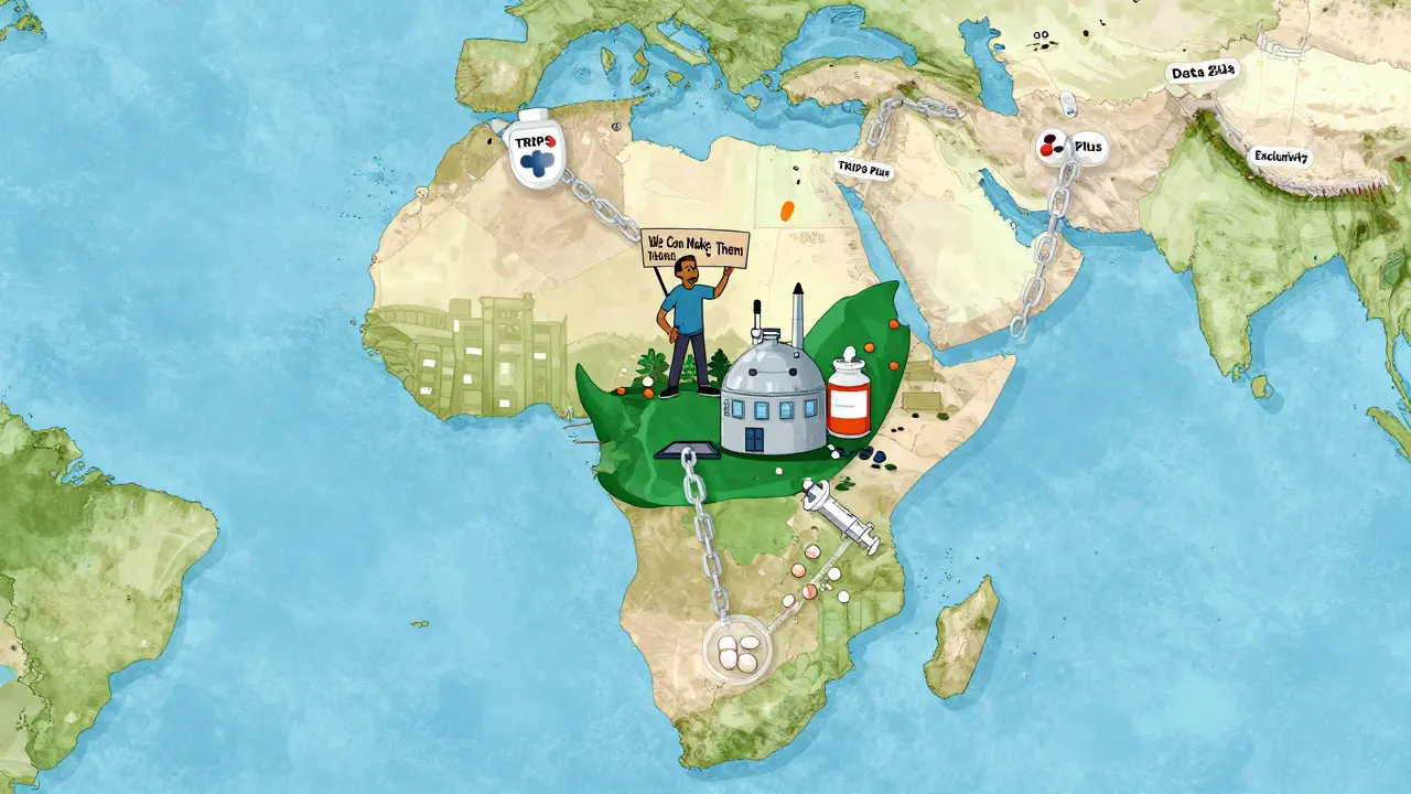 A factory in Africa producing generic pills while neighboring countries are bound by legal chains blocking access.