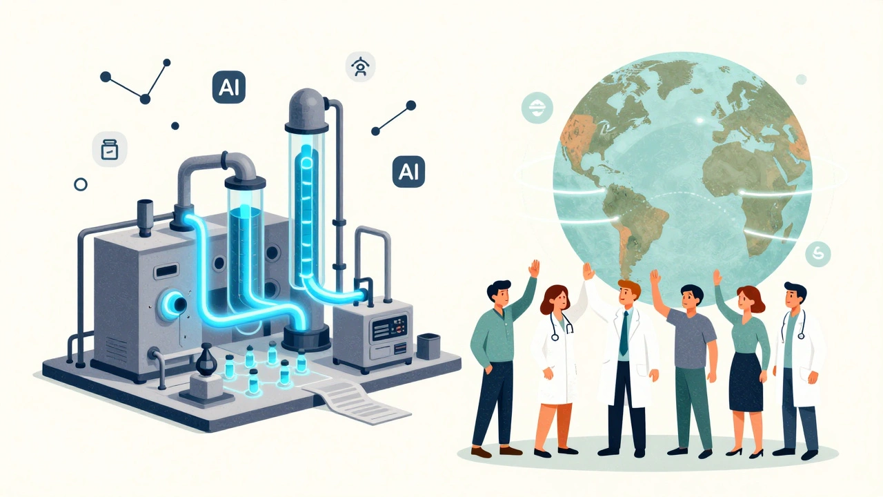 A modern pharmaceutical facility with AI and blockchain elements, surrounded by regional supply hubs connected by light.