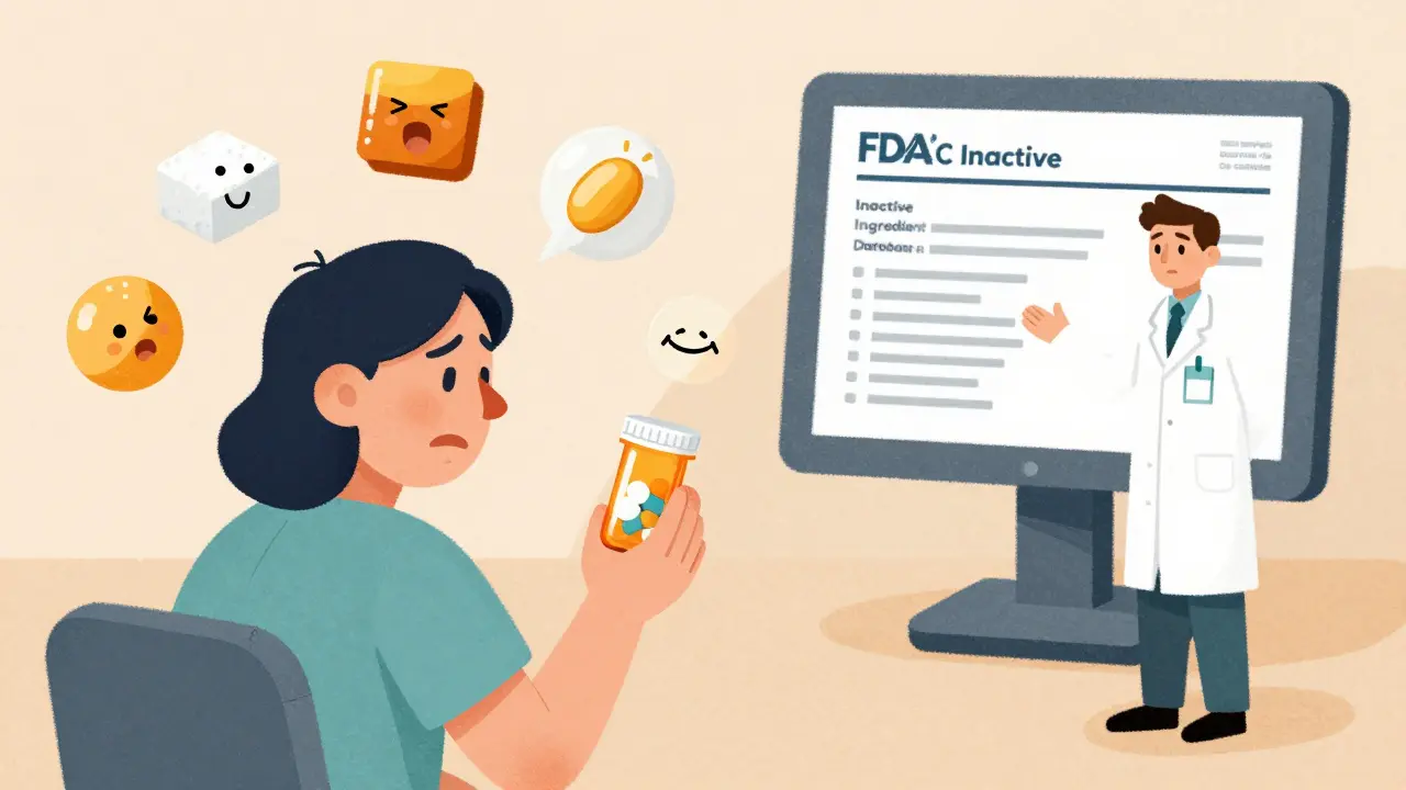 A patient surrounded by mischievous excipient icons, with a pharmacist checking a database.