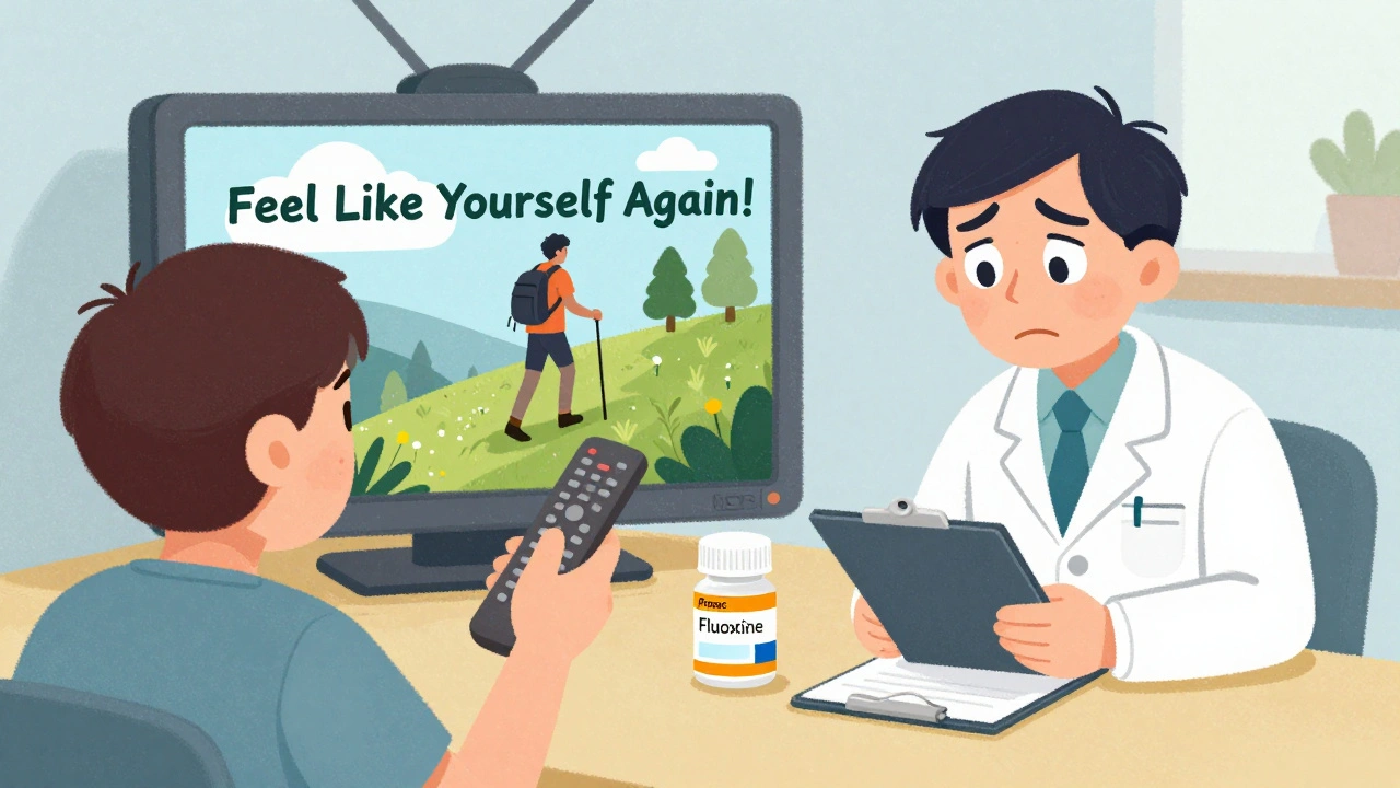 A patient watches a cheerful drug ad on TV as their doctor looks uneasy beside a generic pill bottle.