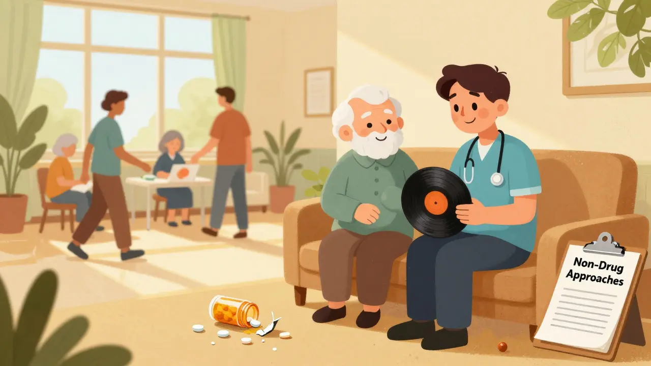 A peaceful care center where music and art replace medication, with a discarded pill bottle nearby.