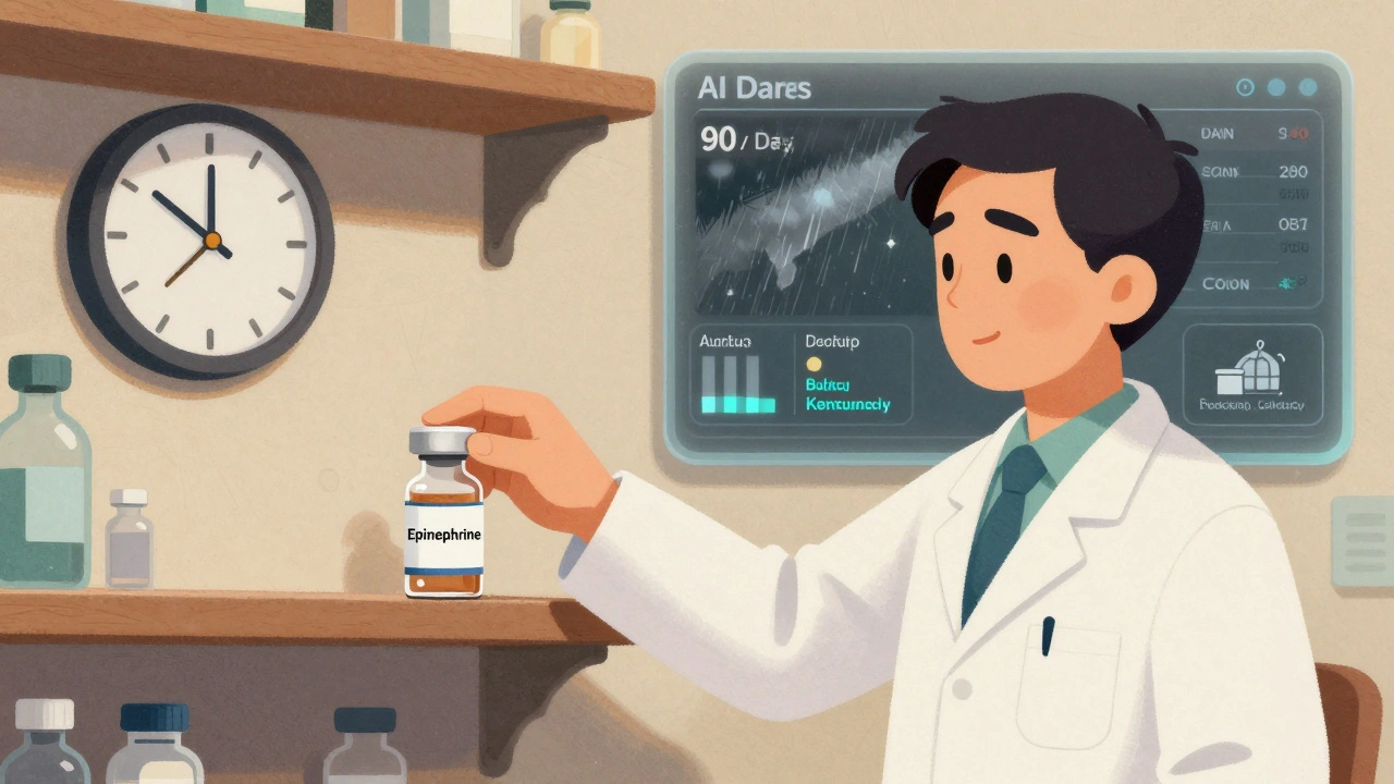 A pharmacist adding a buffer stock vial as an AI forecast shows a backup factory activating nearby.