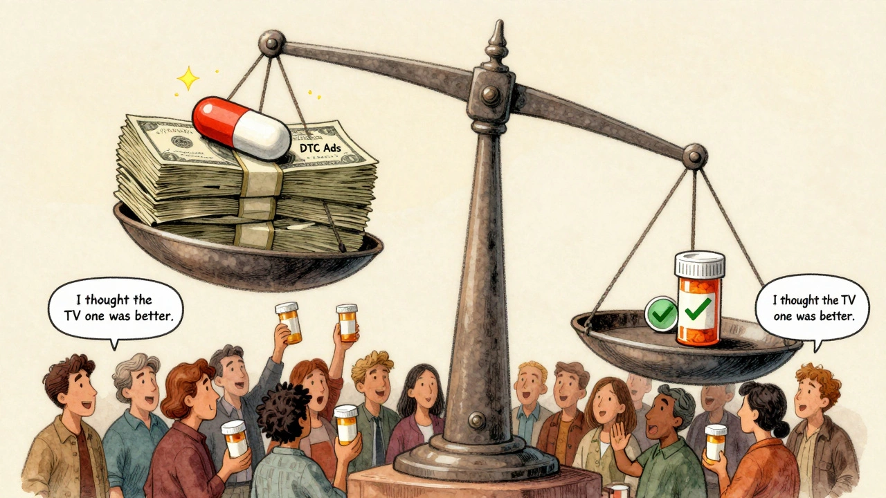 A scale tips under the weight of advertising money versus a small generic pill with a savings symbol.