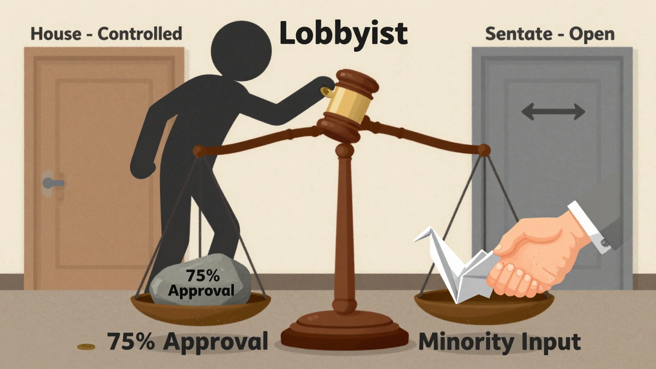 A symbolic scale shows minority input struggling against high approval thresholds and lobbying influence.