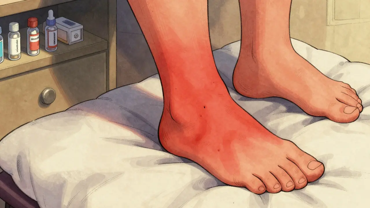 Adult leg with spreading red, swollen patch from cellulitis, elevated on pillow