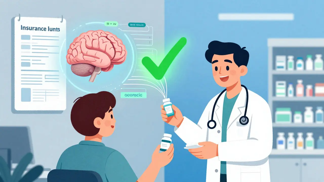 AI analyzing patient data with green approval checkmark as doctor and patient receive medication.