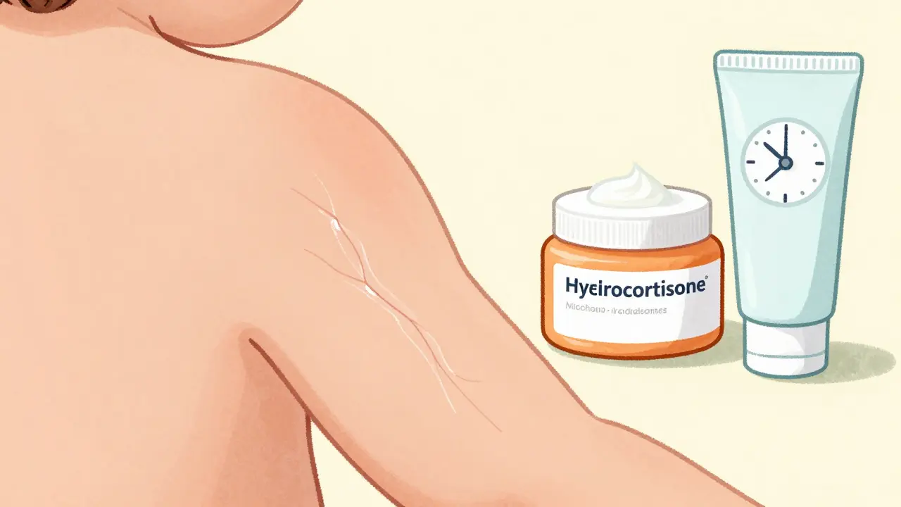 Child's arm showing early skin thinning from steroid overuse, with moisturizer and cream nearby.