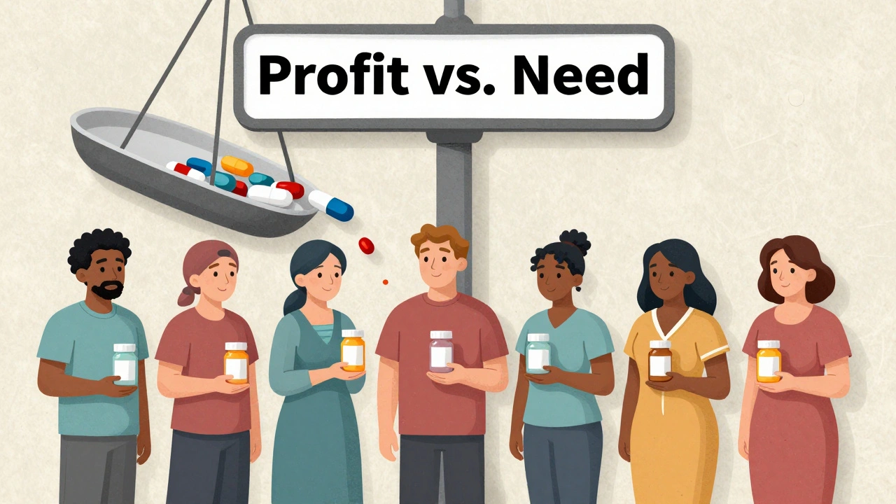Diverse patients holding empty bottles, giant scale labeled &#039;Profit vs. Need&#039; tipping low, textured paper-cut illustration style.