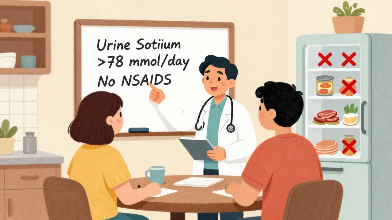 Doctor and patient discussing sodium levels and food choices at a kitchen table