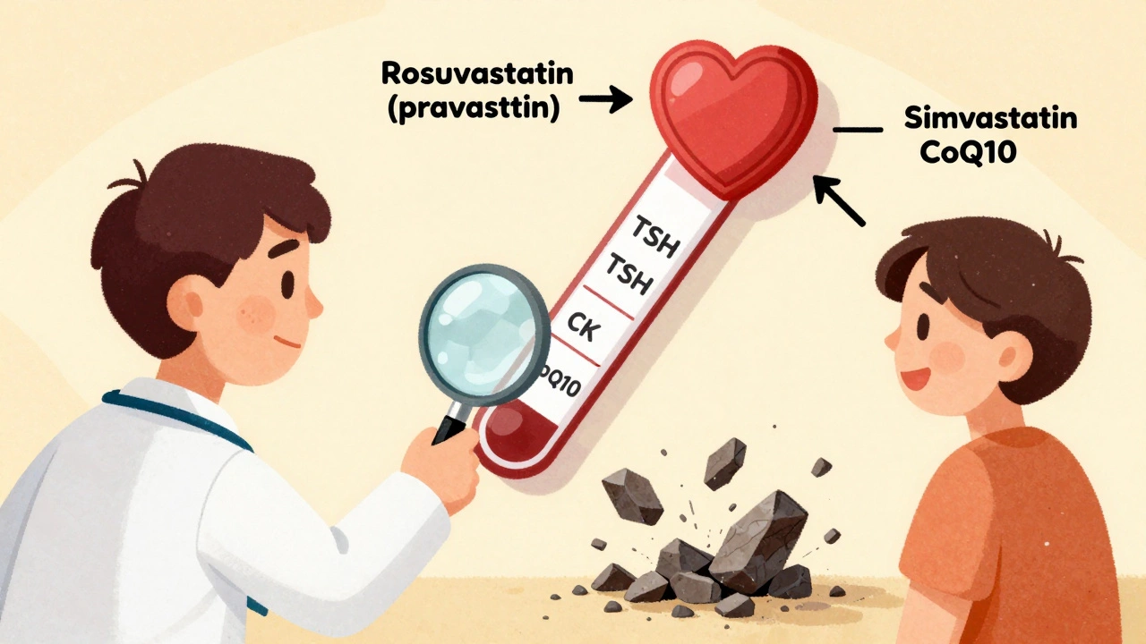 Doctor and patient examining a blood test with safe statin pathways leading to a heart shield, while dangerous options crumble.