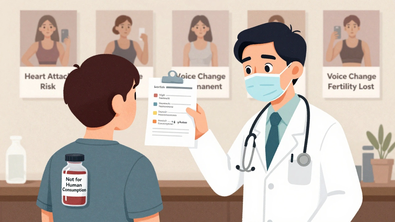 Doctor examining blood test as patient hides banned substance, warning signs fading into wall behind them.