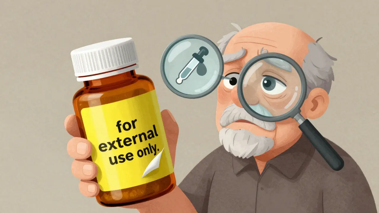 Elderly person holding a cluttered medicine bottle with peeling warning stickers and a magnifying glass over a dropper icon.