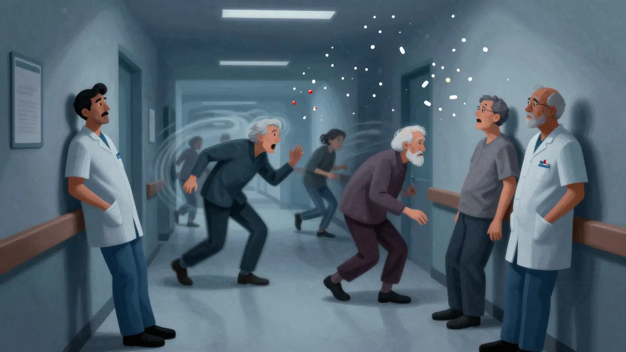 Exhausted staff in a nursing home hallway surrounded by agitated seniors as pills fall like snow around them.